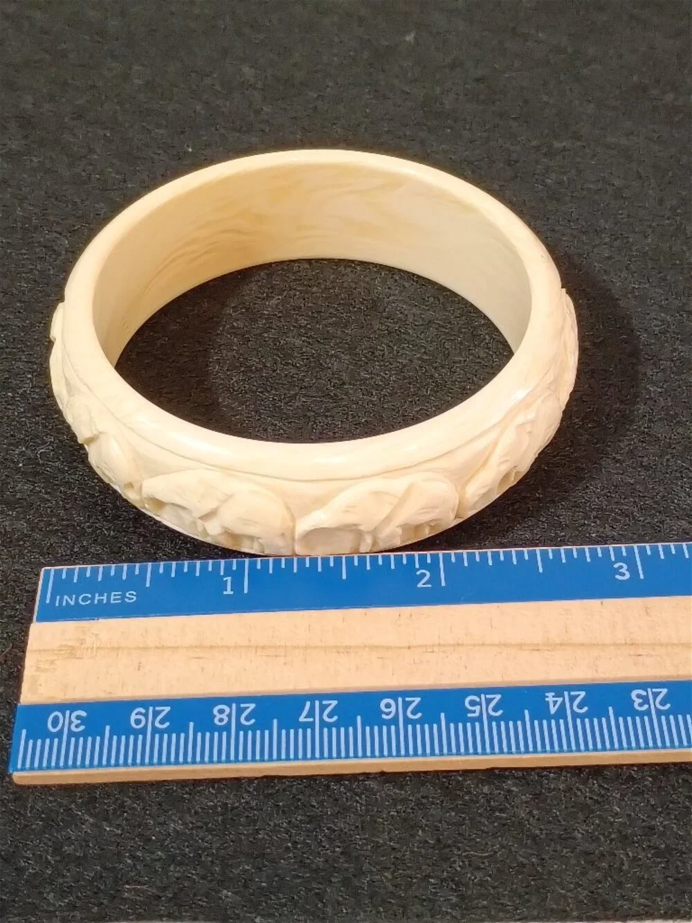 Vintage Celluloid Faux Ivory Elephant Bangle Bracelet Carved Art Deco 2.5”